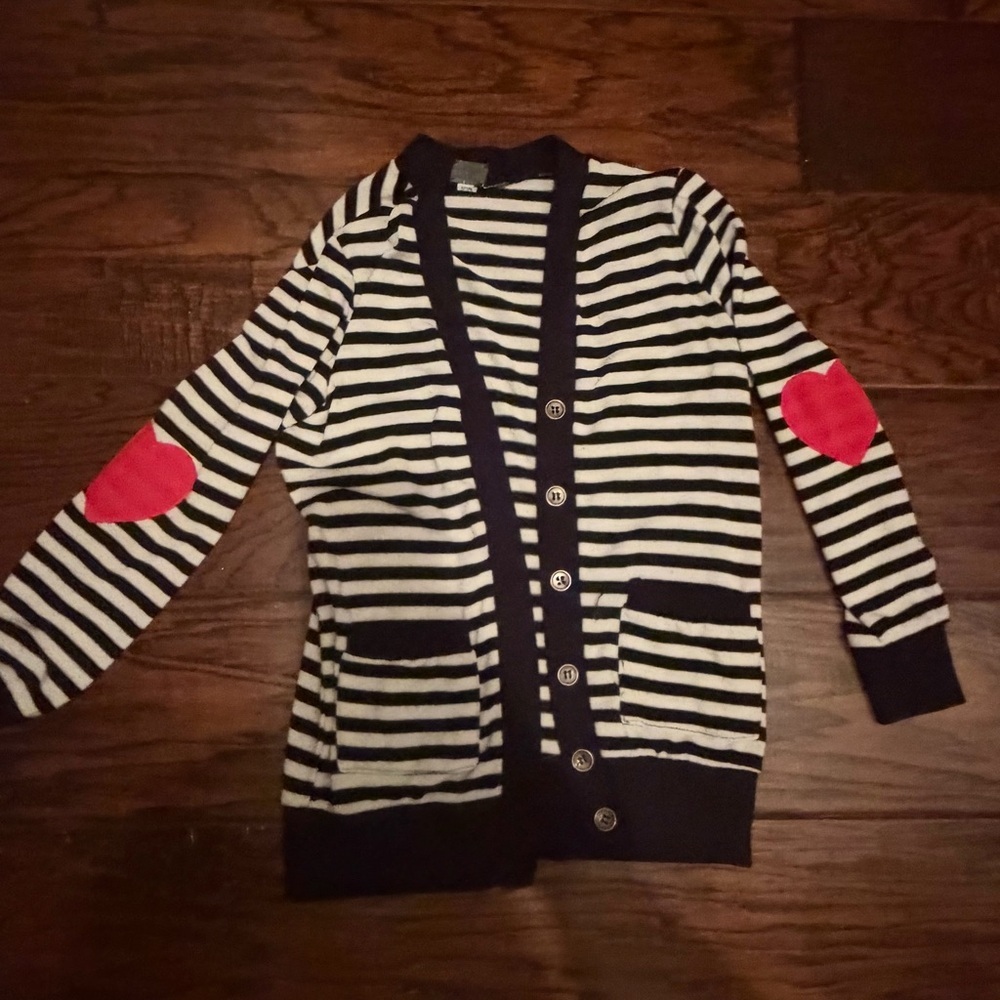 Poof Girl Kids Striped Black & White Cardigan with Red Heart Elbow Patches - Picture 3 of 7